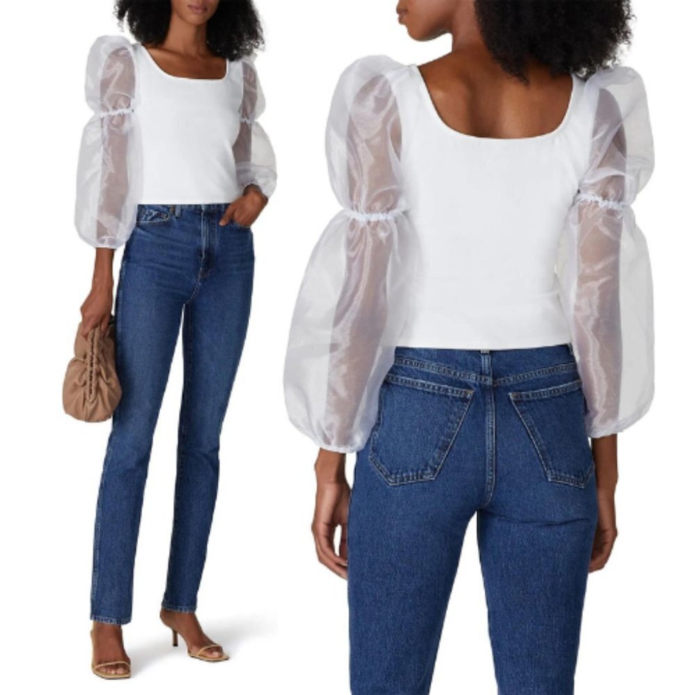 Louna Organza puff Sleeve cropped top white 30417